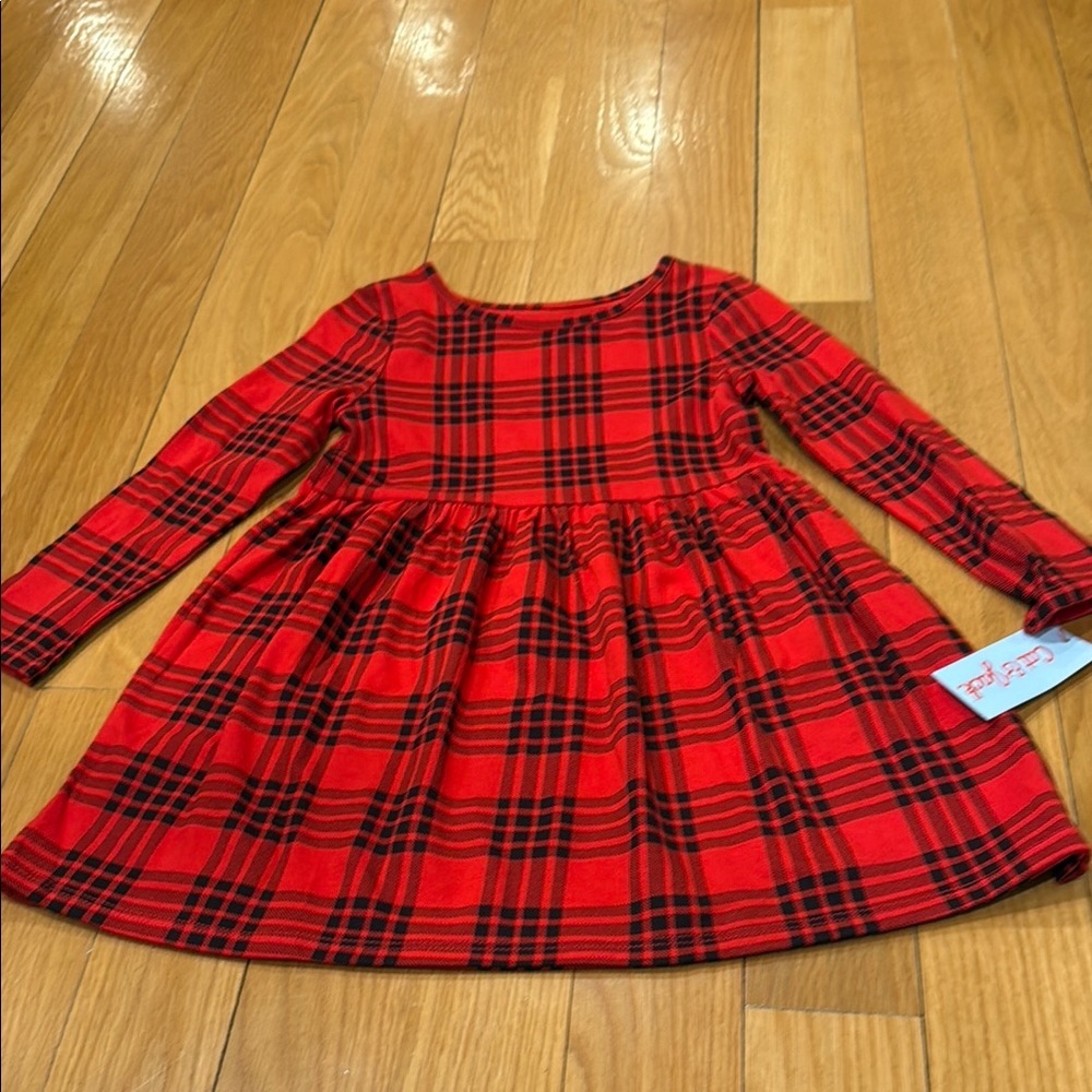 NWT Cat & Jack girls black/ red checkered long sleeve dress size 4T .